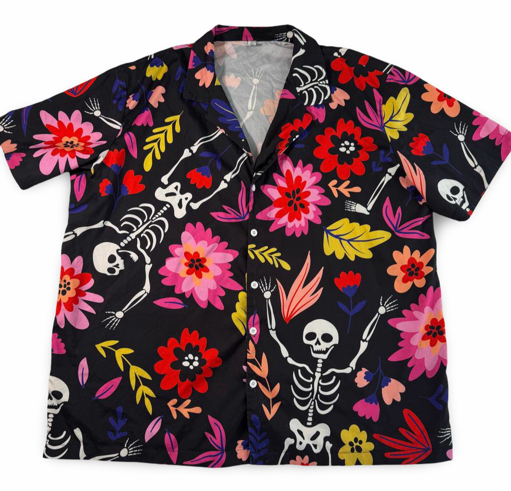 Halloween Skeleton Floral Hawaiian Shirt Black Pink Button Front XL
